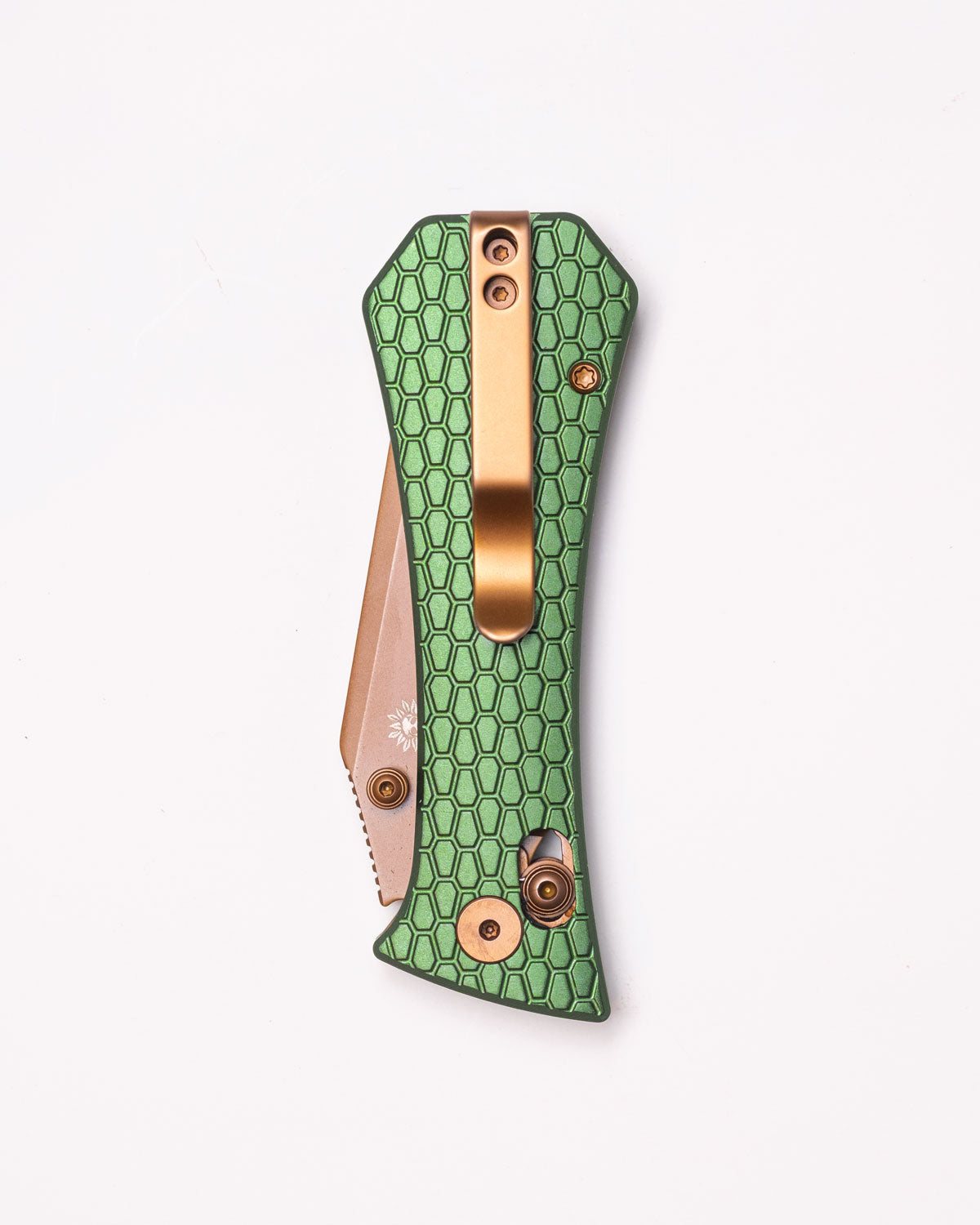 Coffin Tanto Deadhead Crossbar | Green Aluminium + Rose PVD 14C28N