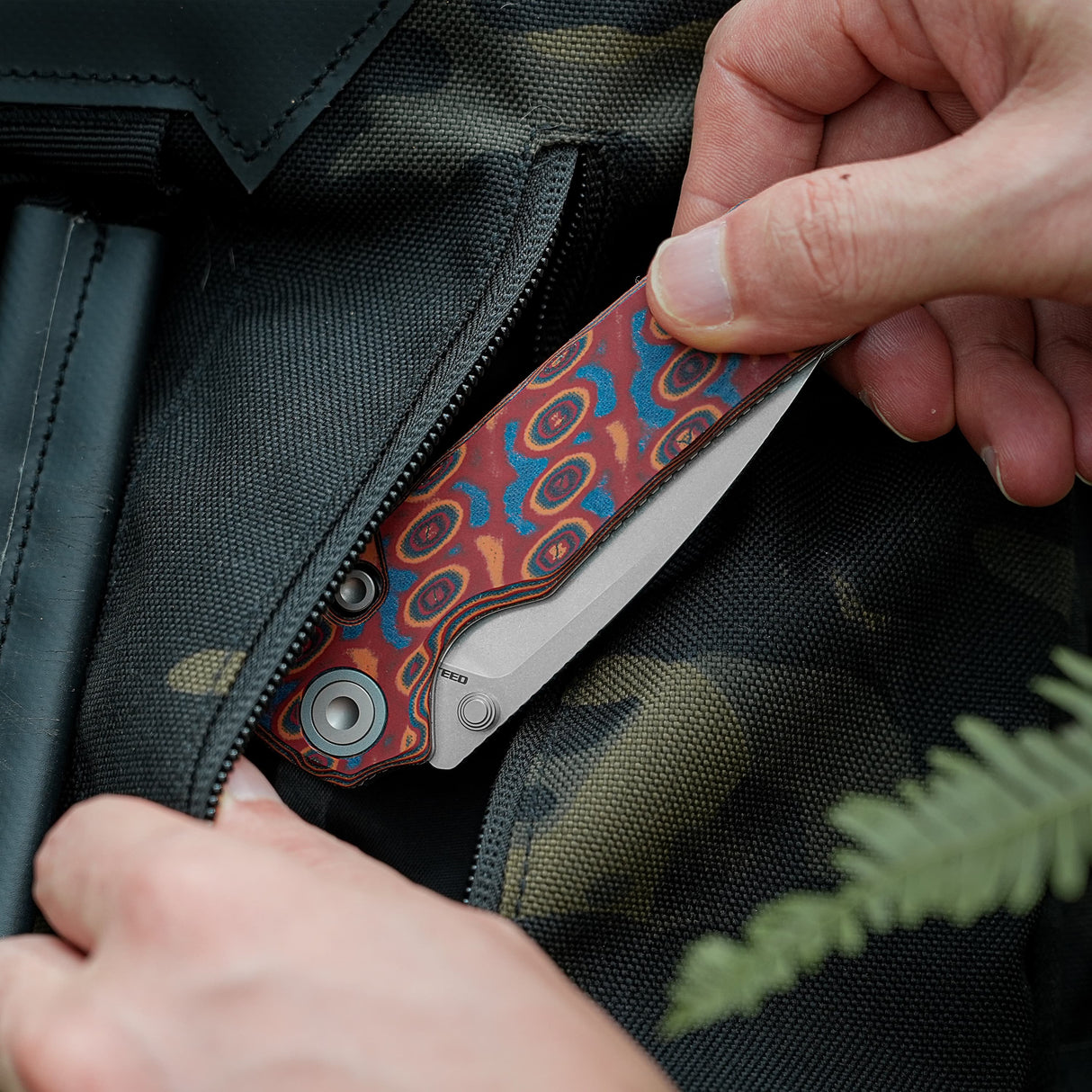 Porcupine Thumb Stud | Copper Raindrop Micarta + Stonewash 14C28N - A2613