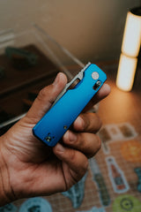 Aura Drop Point | Blue Aluminium + Stonewash 14C28N